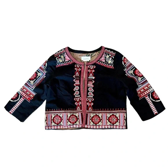 NTHR Women’s Open Front Embroidered Beaded Black Cotton Crop Jacket - Picture 6 of 12